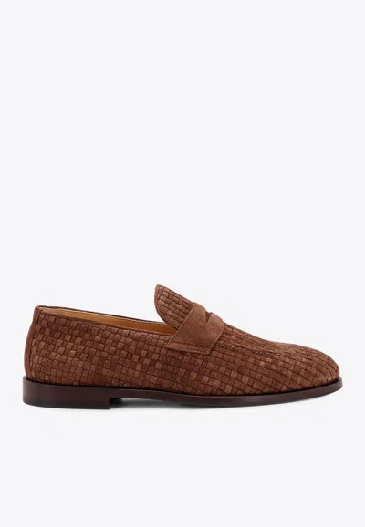 Brunello Cucinelli Woven Texture Loafers With Kleather Finish In Brown