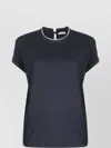 Brunello Cucinelli Blue Crewneck T-shirt With Monil Detail On The Collar And Rear Cut-out In Cotton Stretch Woman In Blue