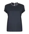 Brunello Cucinelli Blue Crewneck T-shirt With Monil Detail On The Collar And Rear Cut-out In Cotton Stretch Woman In Blue
