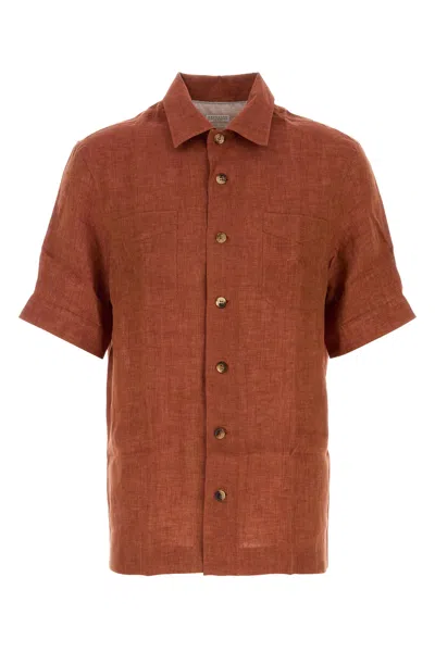 Brunello Cucinelli Brick Linen Shirt In Brown