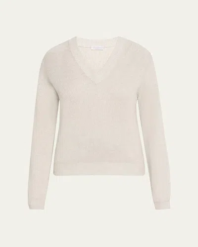 Brunello Cucinelli Bright Vanise Sparkling Cotton V-neck Long Sleeve Sweater In Neutral