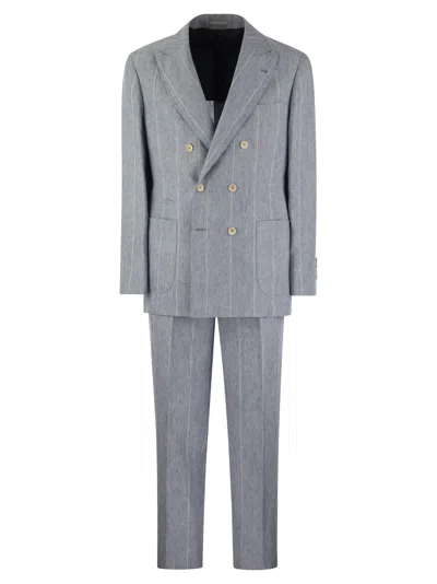 Brunello Cucinelli Broad Pinstripe Linen Suit In 天空