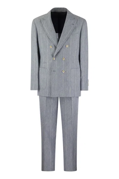 Brunello Cucinelli Broad Pinstripe Linen Suit In 天空