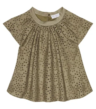 Brunello Cucinelli Kids' Broderie Anglaise Cotton-blend Top In Green