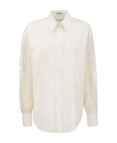BRUNELLO CUCINELLI BRUNELLO CUCINELLI BRODERIE-ANGLAISE PANELLED BUTTONED SHIRT