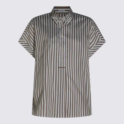 Brunello Cucinelli Brown And White Cotton And Silk Blend Striped Shirt In Multi