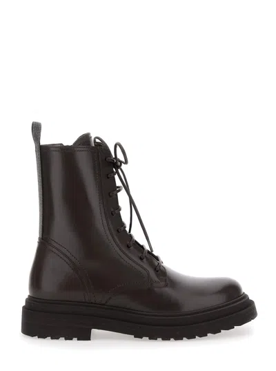 Brunello Cucinelli Brown Ankle Boots With Monils Detail On The Back In Leather Woman