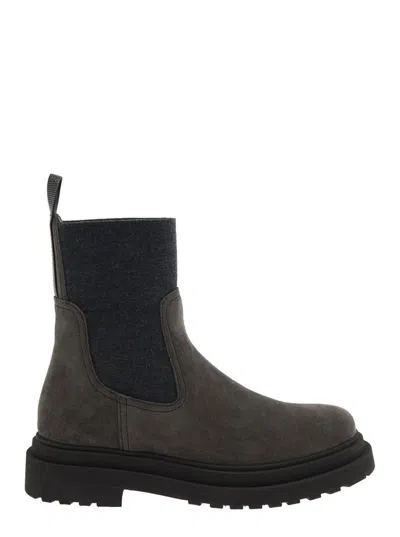 BRUNELLO CUCINELLI BROWN ANKLE BOOTS WITH PULL-TAB WITH MONIL AT THE HEEL