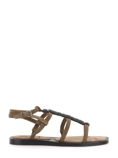 Brunello Cucinelli Brown Beaded Strappy Sandals