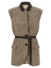 Brunello Cucinelli Waist Belted Lapel Sleeveless Textured Jacket