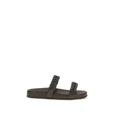 Brunello Cucinelli Brown Calf Leather Bos Taurus Flat Women's Sandals
