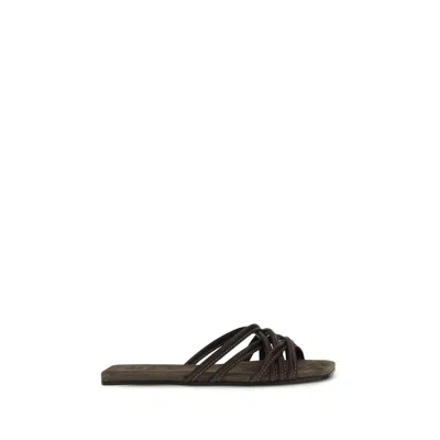 Brunello Cucinelli Brown Calf Leather Bos Taurus Flat Women's Sandals