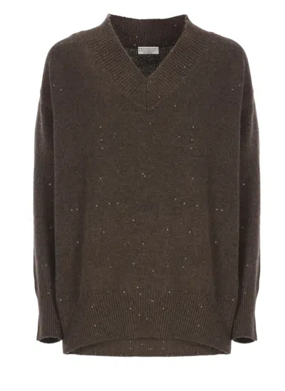 Brunello Cucinelli Brown Cashmere And Silk Sweater In White