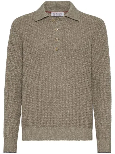 BRUNELLO CUCINELLI BROWN CASHMERE AND WOOL KNITTED POLO