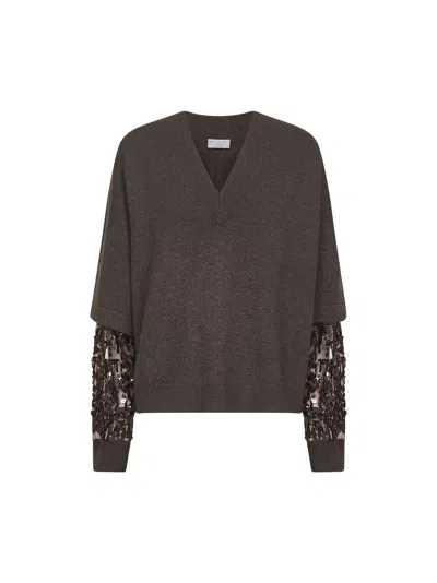 BRUNELLO CUCINELLI BROWN CASHMERE EMBROIDERED SWEATER<BR/>
