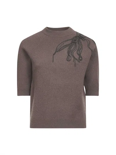Brunello Cucinelli Brown Cashmere Shiny Flower Embroidery Sweater