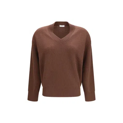 Brunello Cucinelli Ribbed V-neck Cashmere Sweater In Brown