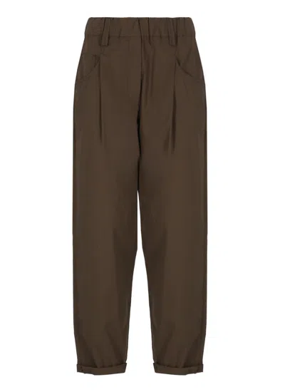 Brunello Cucinelli Brown Cotton Pants With Elastic High Waist