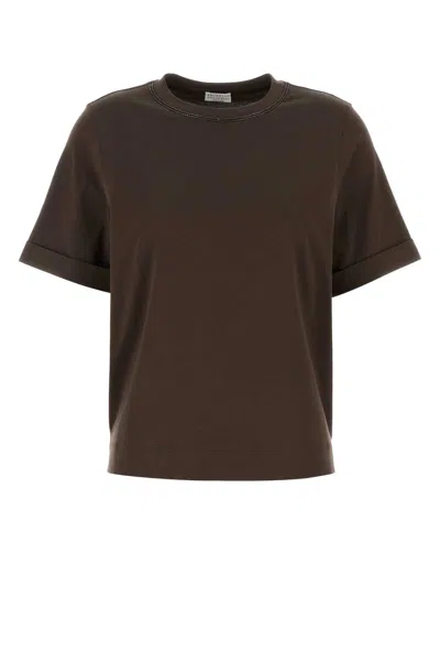 Brunello Cucinelli Cotton Crew Neck Plain Short Sleeve T Shirt In Brown