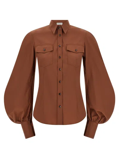 Brunello Cucinelli Stretch Cotton Poplin Shirt In Brown