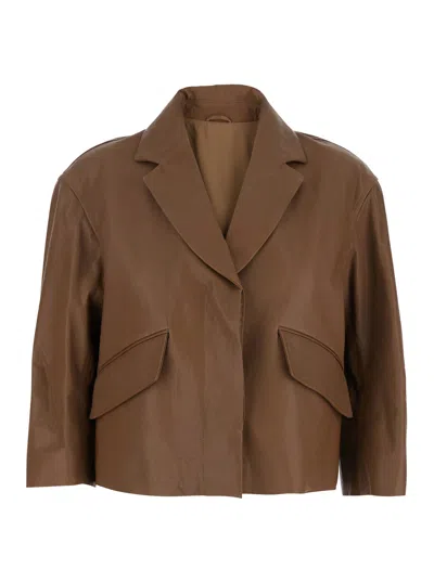 BRUNELLO CUCINELLI BROWN CROP JACKET WITH CLASSIC LAPELS AND THREE-QUARTER SLEEVES IN LEATHER WOMAN