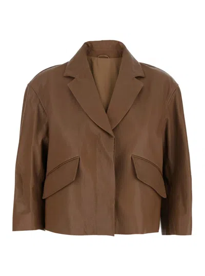 Brunello Cucinelli Brown Crop Jacket With Classic Lapels And Three-quarter Sleeves In Leather Woman