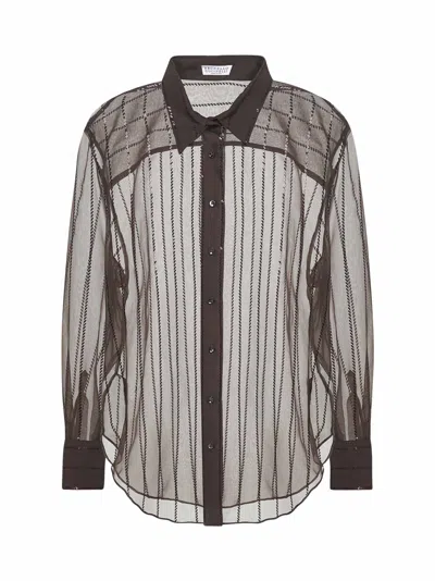 Brunello Cucinelli Brown Dazzling Chalk Stripe Embroidery Shirt