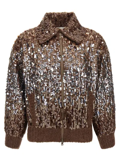 BRUNELLO CUCINELLI BROWN DAZZLING DGRAD EMBROIDERY CARDIGAN