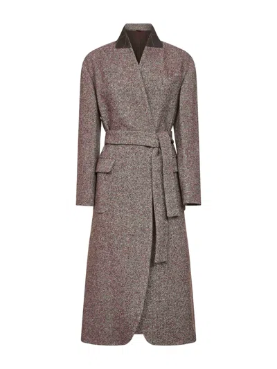 Brunello Cucinelli Brown Diagonal Melange Coat With Monili In Gold