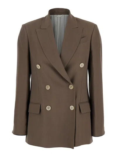 BRUNELLO CUCINELLI BROWN DOUBLE-BREASTED JACKET WITH PEAK LAPELS