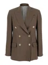 Brunello Cucinelli Brown Double-breasted Jacket With Peak Lapels In Linen Blend Woman In Multicolor