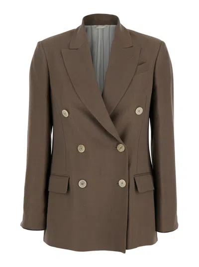 Brunello Cucinelli Brown Double-breasted Jacket With Peak Lapels In Linen Blend Woman