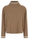 Brunello Cucinelli Ribbed Mock Neck Sweater With Contrast Trim In Brown