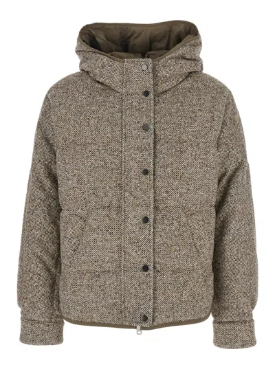 Brunello Cucinelli Brown Down Jacket With Fixed Hood And Reversible Design In Virgin Wool Blend Woman
