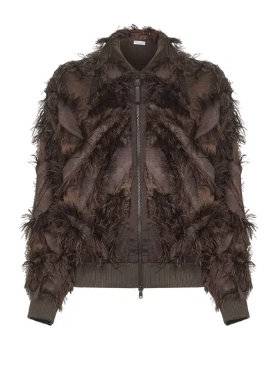 Brunello Cucinelli Brown Dracaena Fil Coupé Shiny Zipper Pull Bomber Jacket