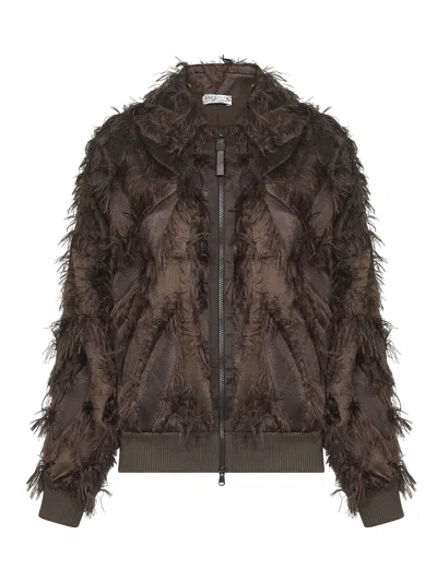 BRUNELLO CUCINELLI BROWN DRACAENA FIL COUPÉ SHINY ZIPPER PULL BOMBER JACKET