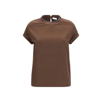 Brunello Cucinelli Stretch Cotton Jersey T-shirt With Precious Faux Layering In Brown