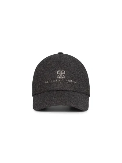 Brunello Cucinelli Brown Flannel Embroidered Baseball Cap In White