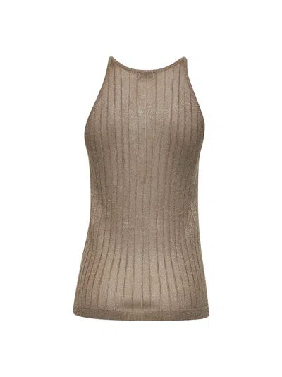 Brunello Cucinelli Brown Flat Ribbed Lamé Knit Top