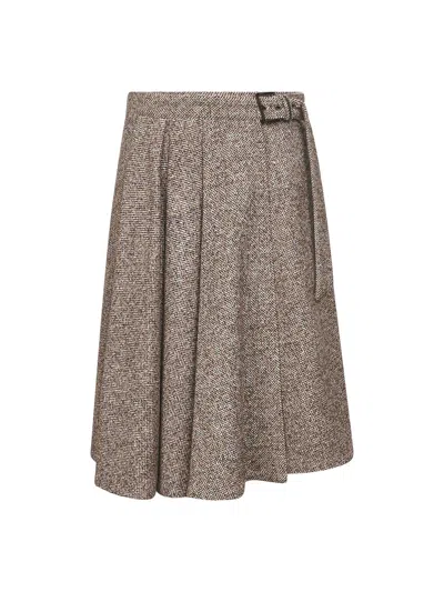 Brunello Cucinelli Brown Flecked Chevron Kilt Skirt With Monili In Neutral