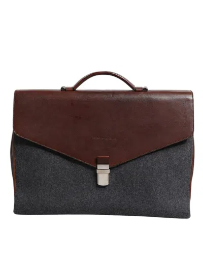 Pre-owned Brunello Cucinelli Brown Gray Leather Cognac Wool Business Tote Men's Bag ()
