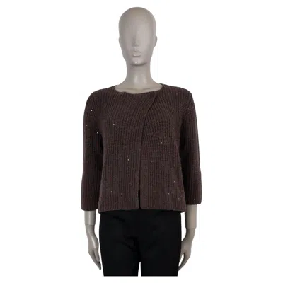Pre-owned Brunello Cucinelli Brown Grey Cashmere Silk Micro Sequin Cardigan Sweater S In Gray