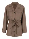 Brunello Cucinelli Brown Jacket With Notched Revers And Front Closure With Bow In Linen Blend Woman In Brown