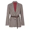 Brunello Cucinelli Belted Bead-embellished Houndstooth Wool-blend Jacket In Gray