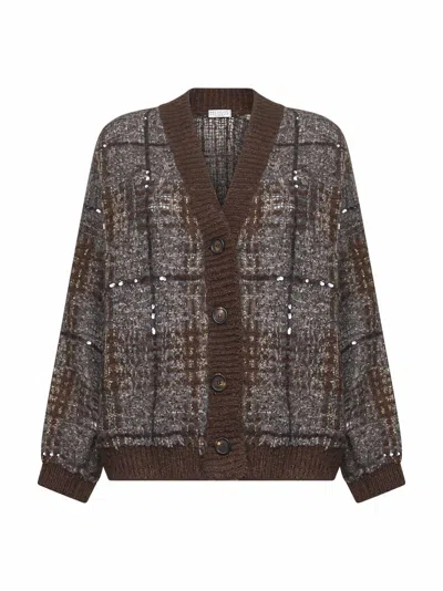 Brunello Cucinelli Brown Jacquard Dazzling Check Embroidery Cardigan