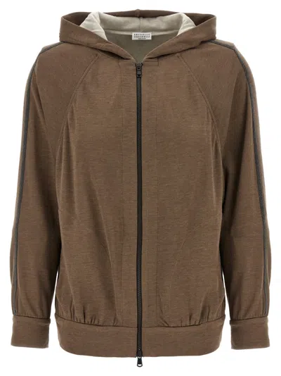 BRUNELLO CUCINELLI BROWN JEWEL DETAIL HOODIE
