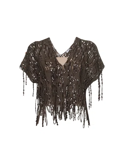 Brunello Cucinelli Brown Knit Dazzling Abstract Embroidery Top