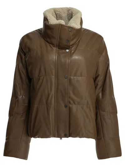 Brunello Cucinelli Brown Lamb Leather Polyamide Padded Jacket In Animal Print