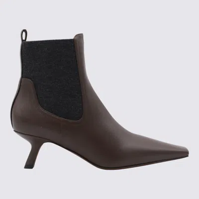 Brunello Cucinelli Ankle Boots With Asymmetric Heel In Leather In Brown