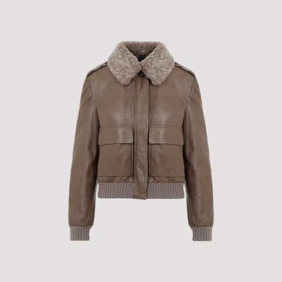 Brunello Cucinelli Leather Bomber Jacket In Nude & Neutrals